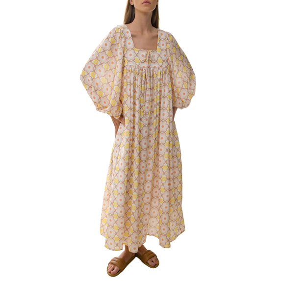 Michellecmm Women Long Sleeve Dress Casual Floral Print Square Neck Loose A-Line Party Dress for Beach Vacation Club Streetwear