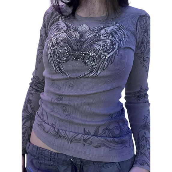 Michellecmm Women Long Sleeve Shirts Gothic Tops Retro Wings Print Rhinestones Fairy Grunge Shirts Tops Streetwear