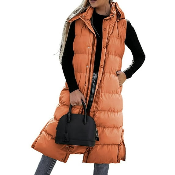 Michellecmm Women Long Winter Jacket, Sleeveless Hooded Zipper Closure Puffy Vest