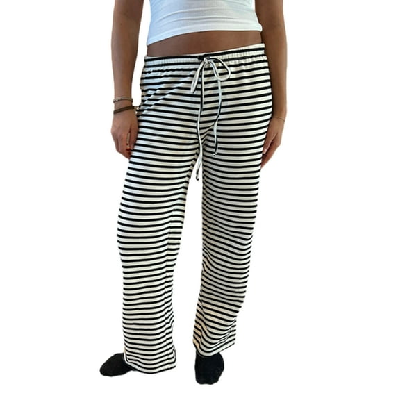 Michellecmm Women Loose Pants Stripe Drawstring Elastic Waist Casual Trousers