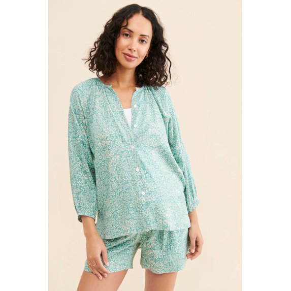 Michellecmm Women Loose Pregnancy Shorts Set Button-up Crew Neck Long Sleeve Tops Ruffled Elastic Waist Shorts Plaid/Floral Outfits