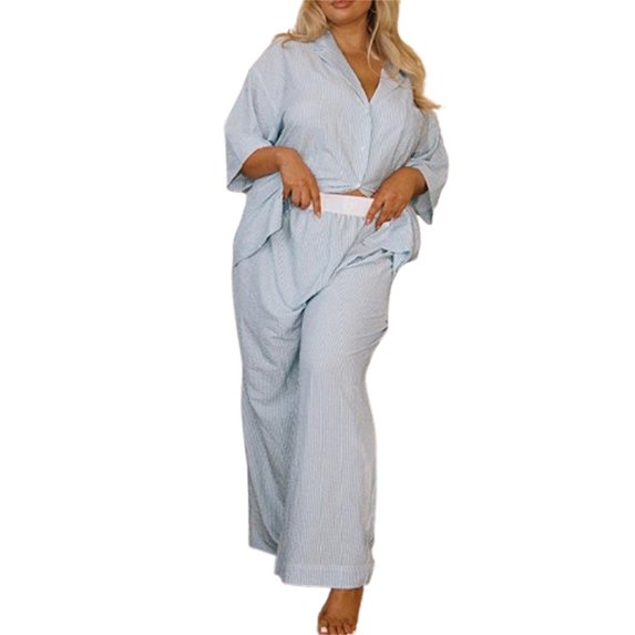 Michellecmm Women Lounge Set Short Sleeve Lapel Button Up Striped Shirt Pants