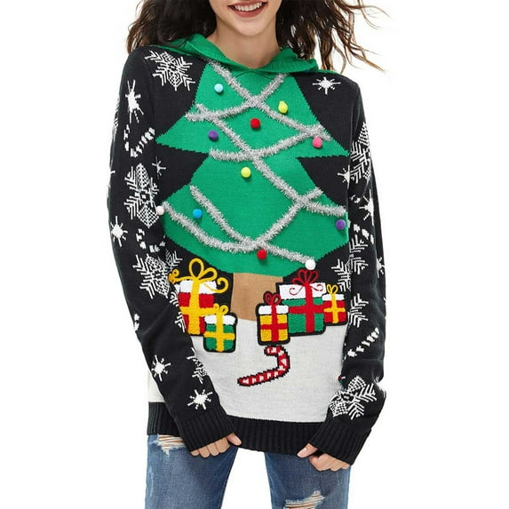 Michellecmm Women Men Christmas Sweater Snowflake Long Sleeve Pullover Knit Hooded Tops for Daily Party Club