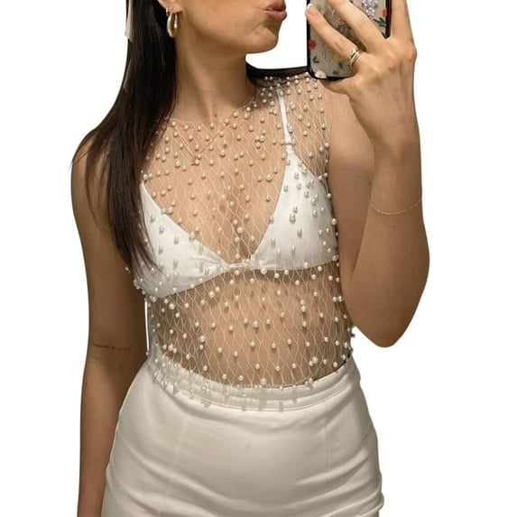 Michellecmm Women Mesh Sheer Tank Tops Pearl Embellished See-Through Vests