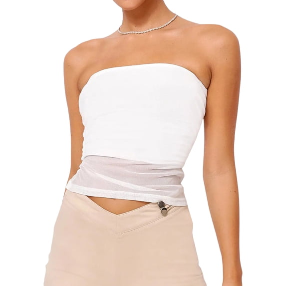 Michellecmm Women Mesh Tube Tops Summer Sheer Hem Bandeau Vest Backless Shirts