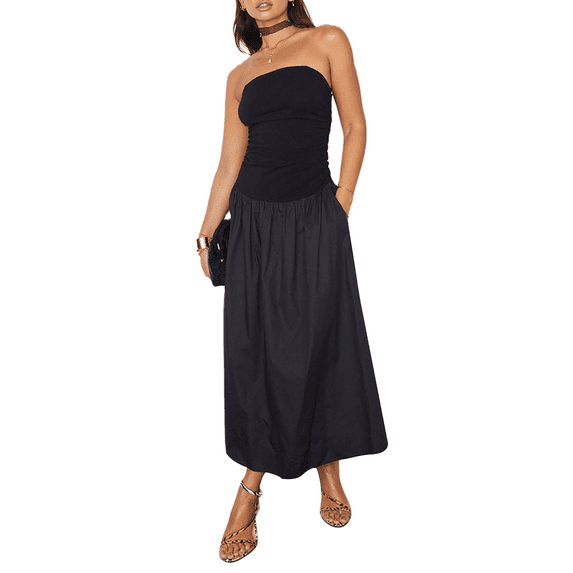 Michellecmm Women Midi Cami Dress Ruched Detachable Spaghetti Strap A-Line Dress