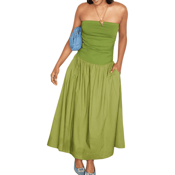 Michellecmm Women Midi Cami Dress Ruched Detachable Spaghetti Strap A-Line Dress