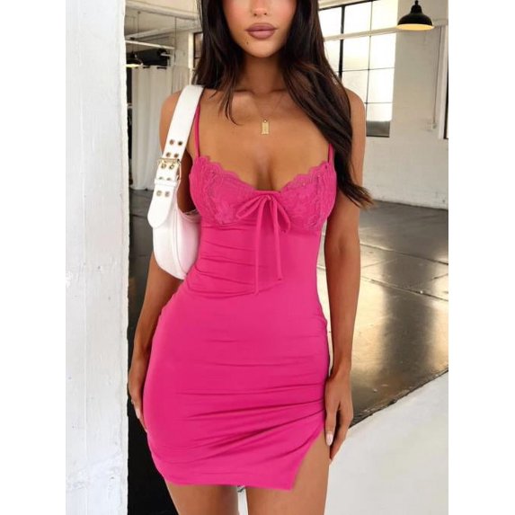 Michellecmm Women Mini Cami Dress Sleeveless Open Back Split Hem Lace Trim Dress