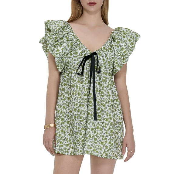 Michellecmm Women Mini Dress Floral/Lemon/Dot Print Fly Sleeve Bowknot V-Neck Dress Summer Casual Dress