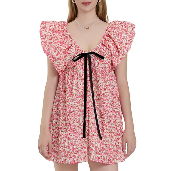 Michellecmm Women Mini Dress Floral/Lemon/Dot Print Fly Sleeve Bowknot V-Neck Dress Summer Casual Dress