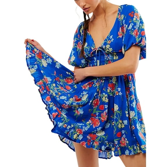 Michellecmm Women Mini Dress Floral Print Tie-Up Front Short Sleeve Dress