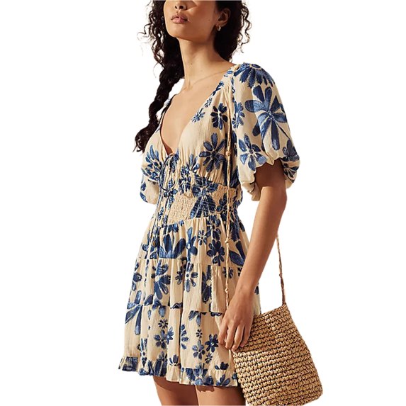 Michellecmm Women Mini Dress Floral Print Tie-Up Front Short Sleeve Dress