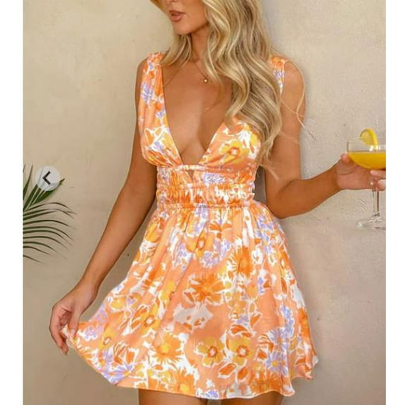Michellecmm Women Mini Dress Sleeveless V Neck Backless Flower Print Summer Dress