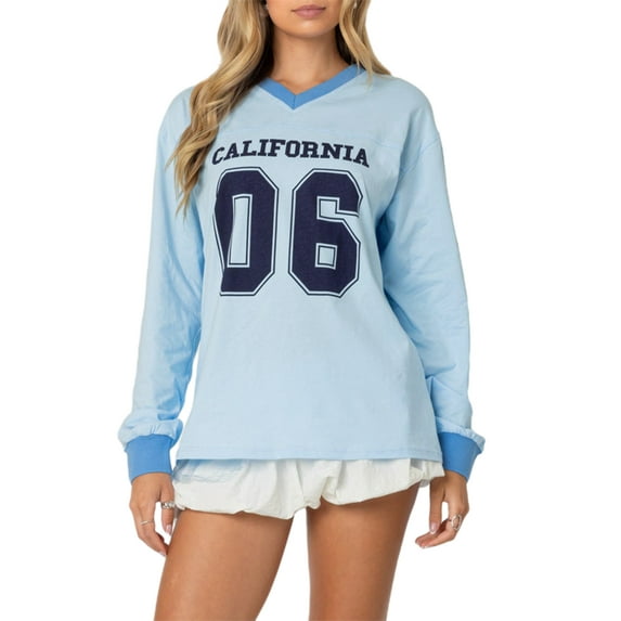 Michellecmm Women Oversized Sweatshirt Number Letter Long Sleeve V-Neck Tops