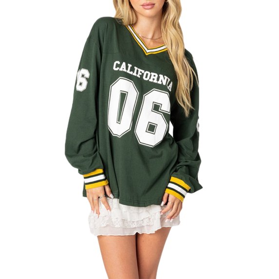 Michellecmm Women Oversized Sweatshirt Number Letter Long Sleeve V-Neck Tops