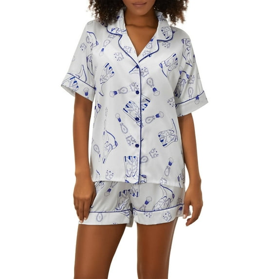 Michellecmm Women Pajama Set, Cocktail/Boots Print Short Sleeve Shirt with Shorts