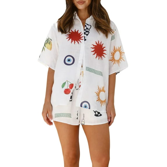 Michellecmm Women Pajama Set, Printed Short Sleeve Button Closure Shirt Shorts