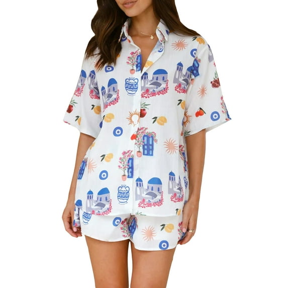 Michellecmm Women Pajama Set, Printed Short Sleeve Button Closure Shirt Shorts