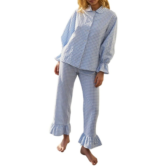 Michellecmm Women Pajamas Lounge Set Plaid Flare Cuff Shirts Tops and Pants