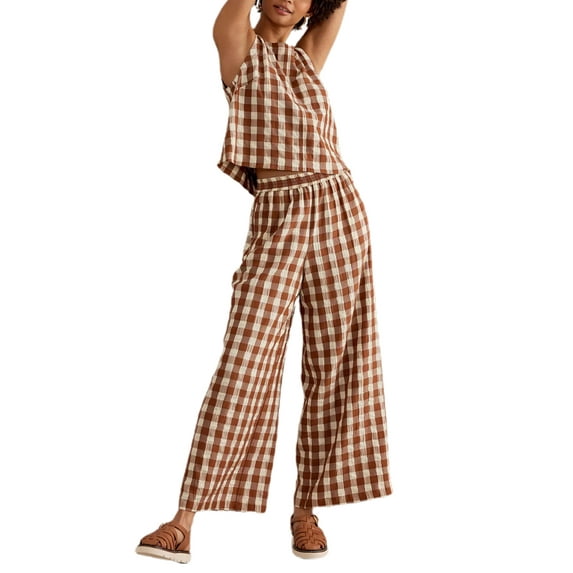 Michellecmm Women Pajamas Lounge Set Plaid Tank Tops and Wide-Leg Pants Outfits