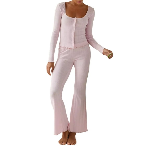 Michellecmm Women Pajamas Lounge Set Solid Color Eyelet Cardigan Tops Pants