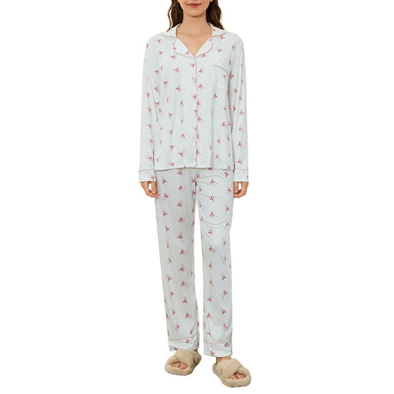Michellecmm Women Pajamas Set Bow Print Button Long Sleeves Shirt and Elastic Pants for Loungewear Soft Sleepwear