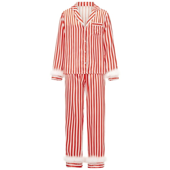Michellecmm Women Pajamas Set Stripe Buttons Long Sleeve Tops and Pants Sleepwear 2 Pieces Outfits