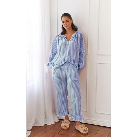 Michellecmm Women Plaid Pajamas Set, Long Sleeve Ruffled Tops with Pants