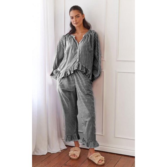 Michellecmm Women Plaid Pajamas Set, Long Sleeve Ruffled Tops with Pants