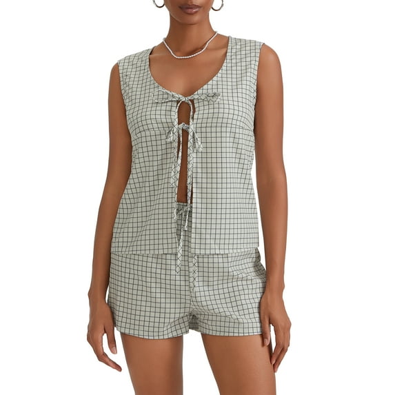 Michellecmm Women Plaid Set, Sleeveless Tie-up Tank Top with Elastic Waist Shorts