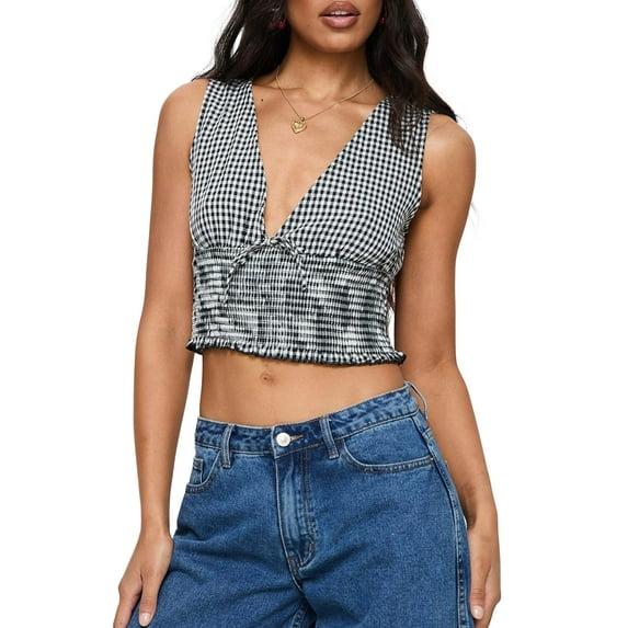 Michellecmm Women Plaid Tank Tops Ruffled Smocked Slim Fit V-Neck Crop Shirt