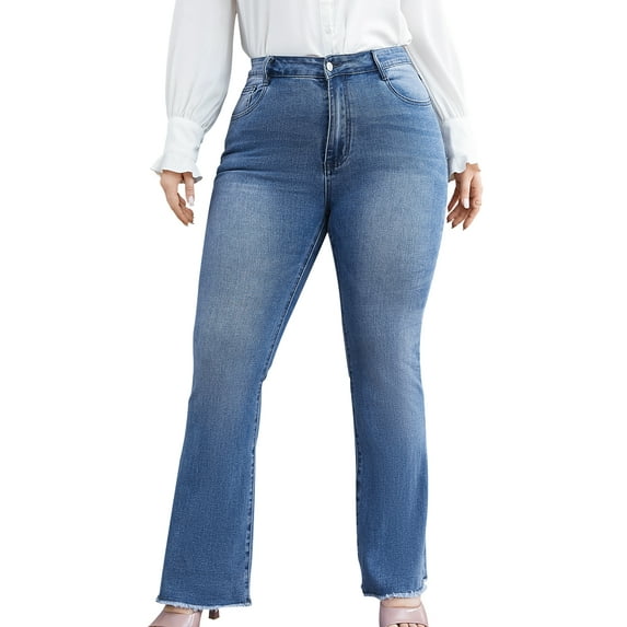 Michellecmm Women Plus Size Micro Flare Jeans Raw Hem Mid-Rise Denim Pants Spring Fall Casual Slim Fit Trousers
