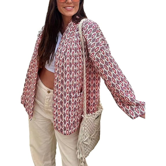 Michellecmm Women Quilted Jacket Casual Print Open Front Cardigan with Pockets