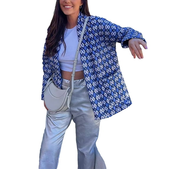 Michellecmm Women Quilted Jacket Casual Print Open Front Cardigan with Pockets