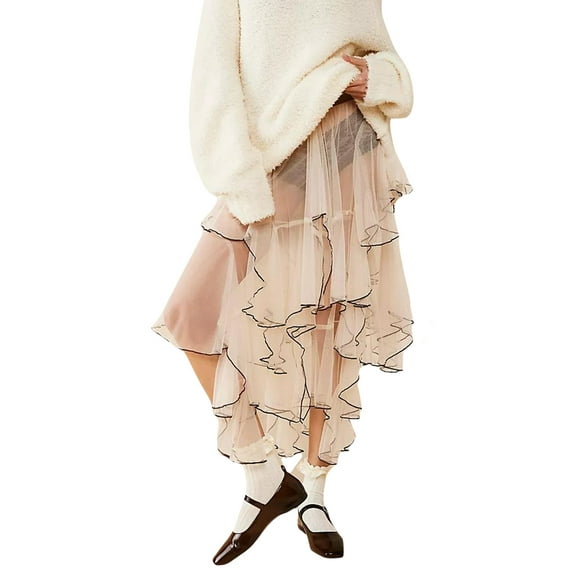 Michellecmm Women Sheer Tulle Skirt Casual Summer Irregular Layered Ruffled Elastic Skirt for Beach Vacation Club Streetwear