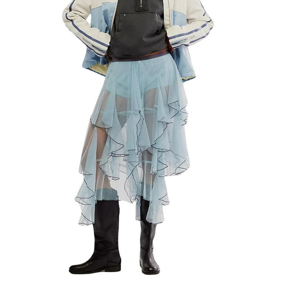Michellecmm Women Sheer Tulle Skirt Casual Summer Irregular Layered Ruffled Elastic Skirt for Beach Vacation Club Streetwear