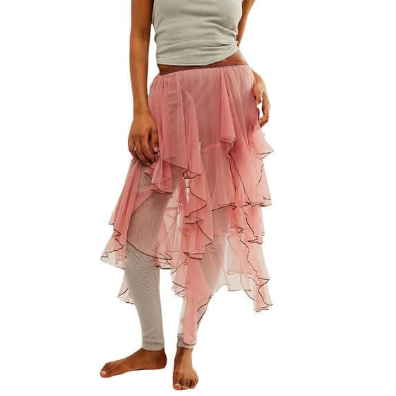 Michellecmm Women Sheer Tulle Skirt Casual Summer Irregular Layered Ruffled Elastic Skirt for Beach Vacation Club Streetwear