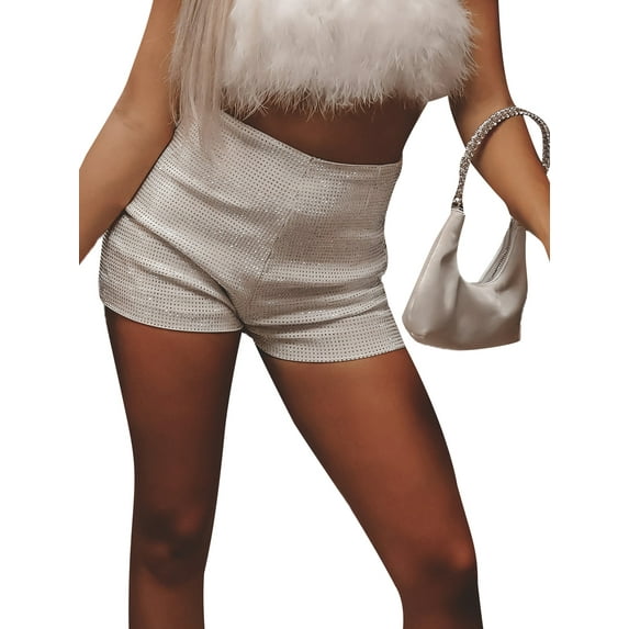 Michellecmm Women Shiny Rhinestone Shorts Sparkly High Waist Summer Short Pants