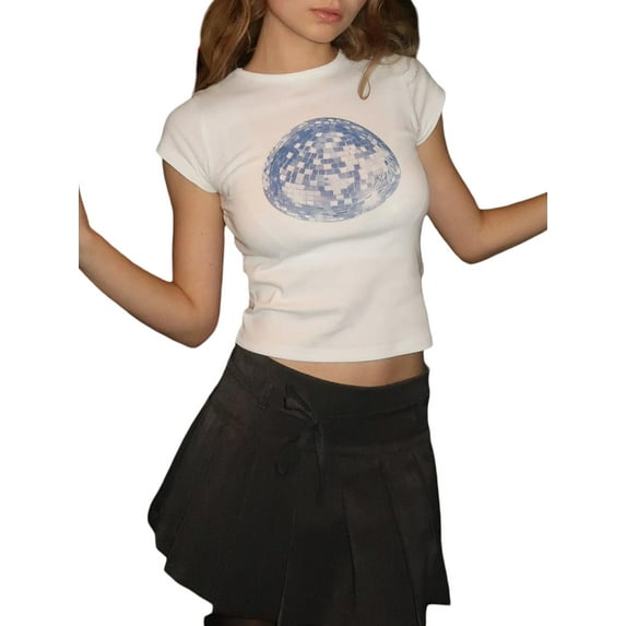 Michellecmm Women Short Sleeve T-Shirts Disco Ball Print Round Neck Shirts Summer Casual Slim Fit Tops Streetwear