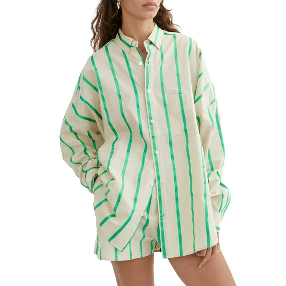 Michellecmm Women Shorts Set, Striped Long Sleeve Shirt with Elastic Waist Shorts