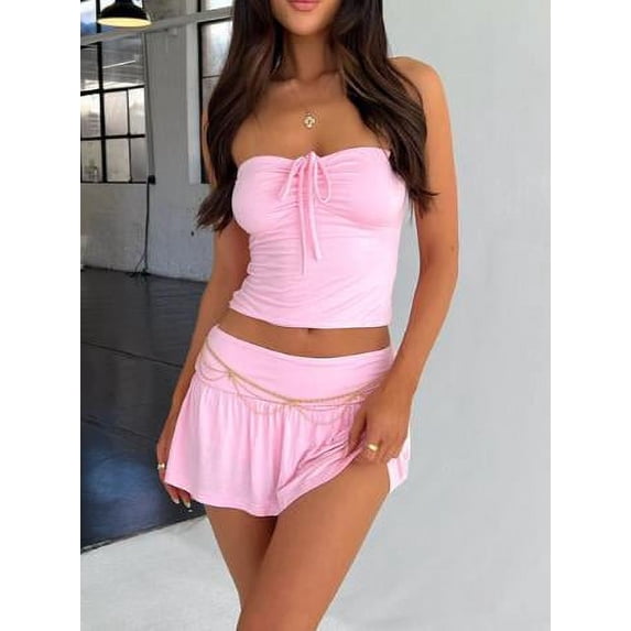 Michellecmm Women Skirt Set, Tie-up Sleeveless Tube Top with Pleated Mini Skirt
