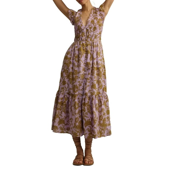 Michellecmm Women Sleeveless Dress Casual Summer Floral Print Button V-Neck A-Line Party Dress