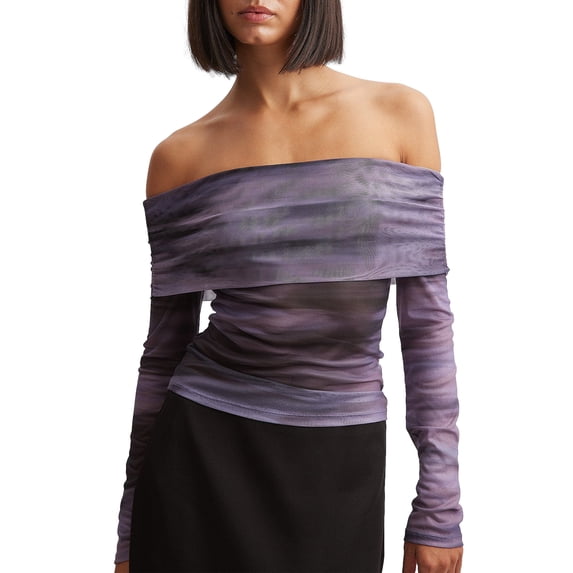 Michellecmm Women Slim Tops Long Sleeve Off Shoulder Tie Dye Print Mesh T-shirt