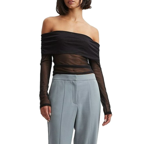 Michellecmm Women Slim Tops Long Sleeve Off Shoulder Tie Dye Print Mesh T-shirt