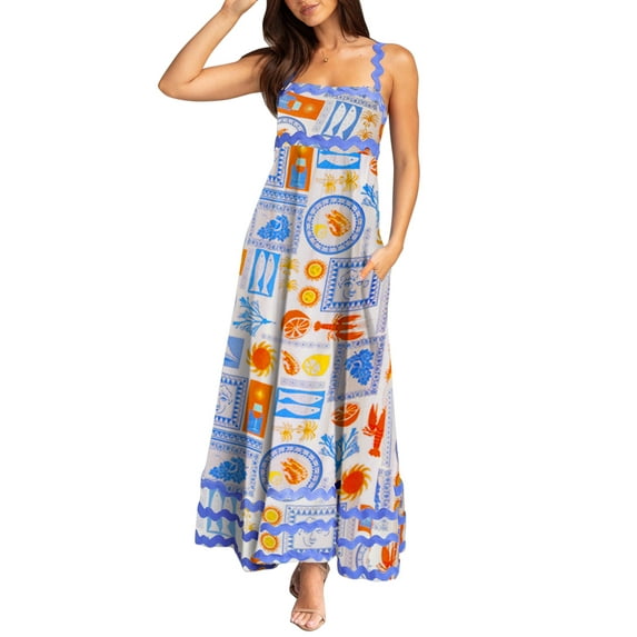 Michellecmm Women Slip Dress, Sleeveless Sun Print Swing Dress Summer Long Dress