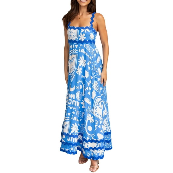 Michellecmm Women Slip Dress, Sleeveless Sun Print Swing Dress Summer Long Dress