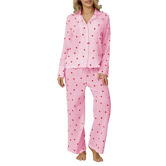 Michellecmm Women Soft Sleepwear Heart Print Long Sleeves Button Shirt and Elastic Pants Loungewear 2 Piece Pajama Set