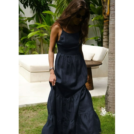 Michellecmm Women Spaghetti Strap Cami Dress Solid Color Tiered Ruched Hem Dress