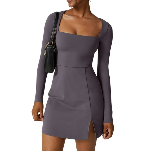 Michellecmm Women Spring Summer Short Dress Solid Color Long Sleeve Square Neck Split Hem Party Dress