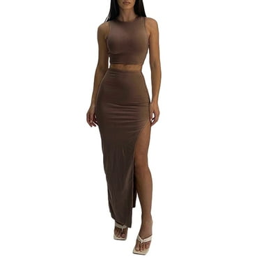 Michellecmm  Women Summer 2 Pieces Outfits Solid Color Tank Tops Long Skirts Set
